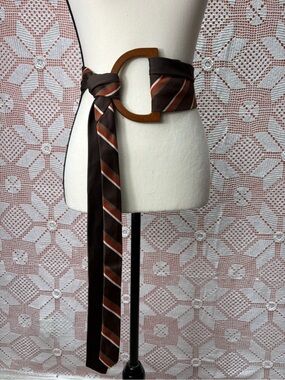 Handcrafted upcycled tie belt with oversized wooden buckle